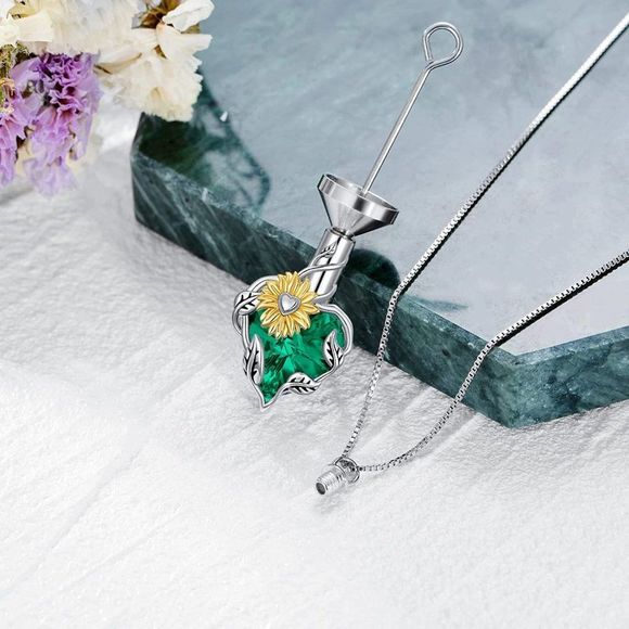 TOUPOP Sunflower Urn  for Ashes with Heart Crystal S925 Sterling Silver Necklace - Picture 3 of 4